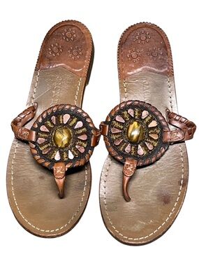 Jack Rogers brown leather medallion whipstich semi precious stones sandals boho